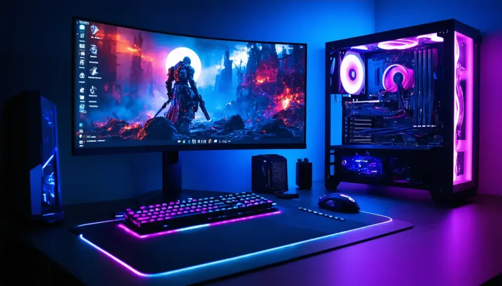 Modern high-end PC gaming setup with RGB lighting and curved monitor