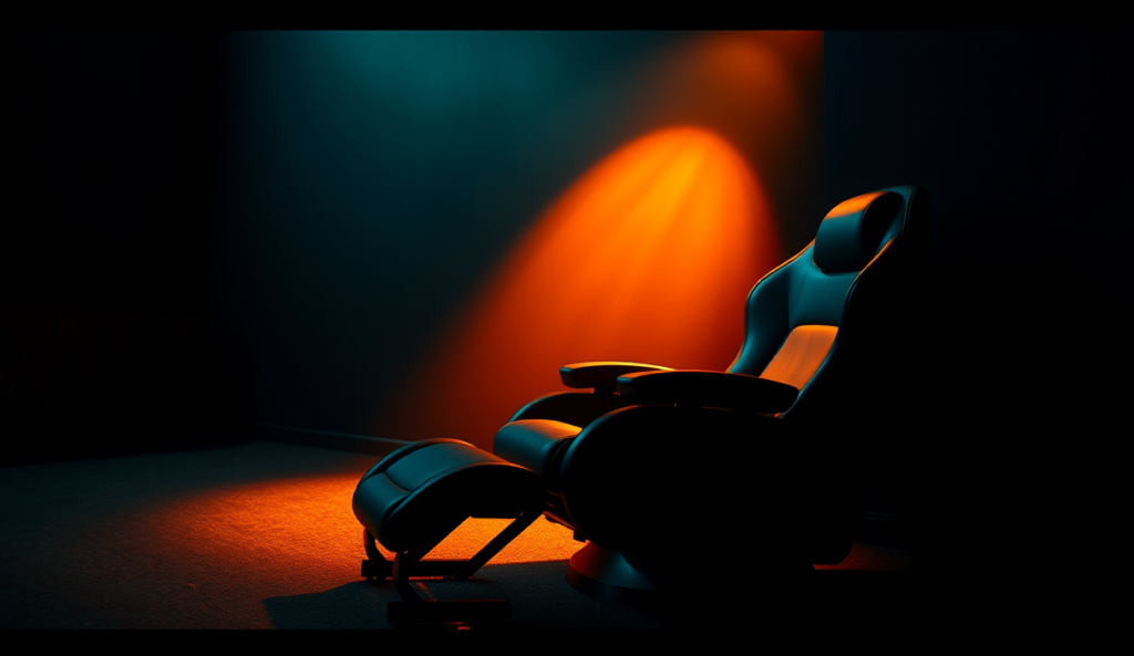 AI-generated illustration: A plush gaming chair reclined against a darkened room wall, illuminated by a single spotlight casting dramatic shadows.