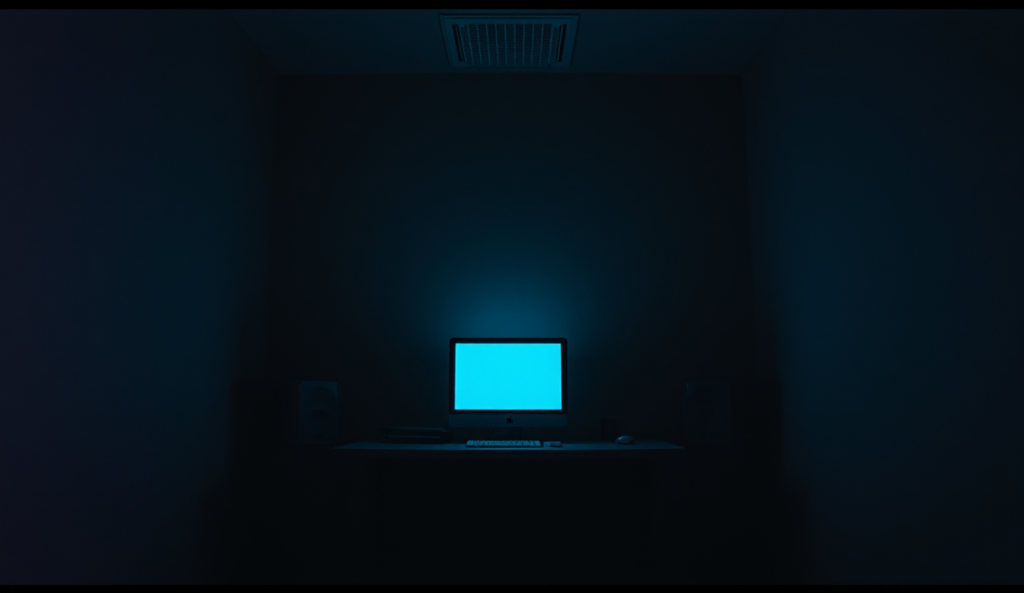 AI-generated illustration: A darkened room with a single computer monitor glowing faintly on a desk.