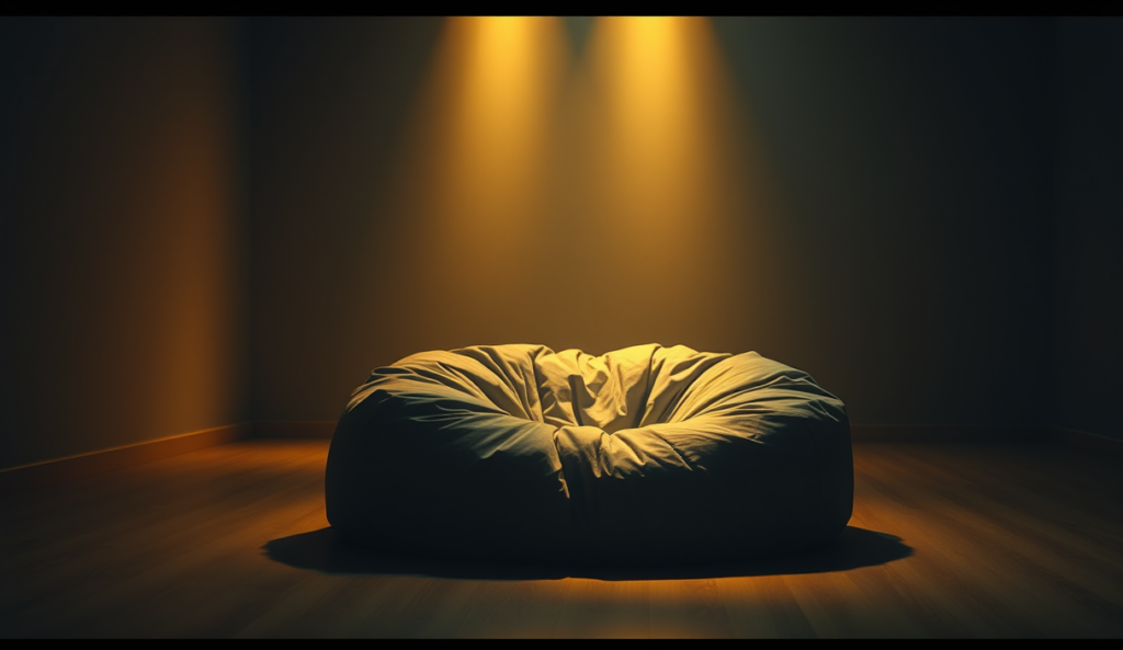 AI-generated illustration: A plush bean bag chair in the center of a dimly lit room, shadows dancing on the soft fabric under ambient light.