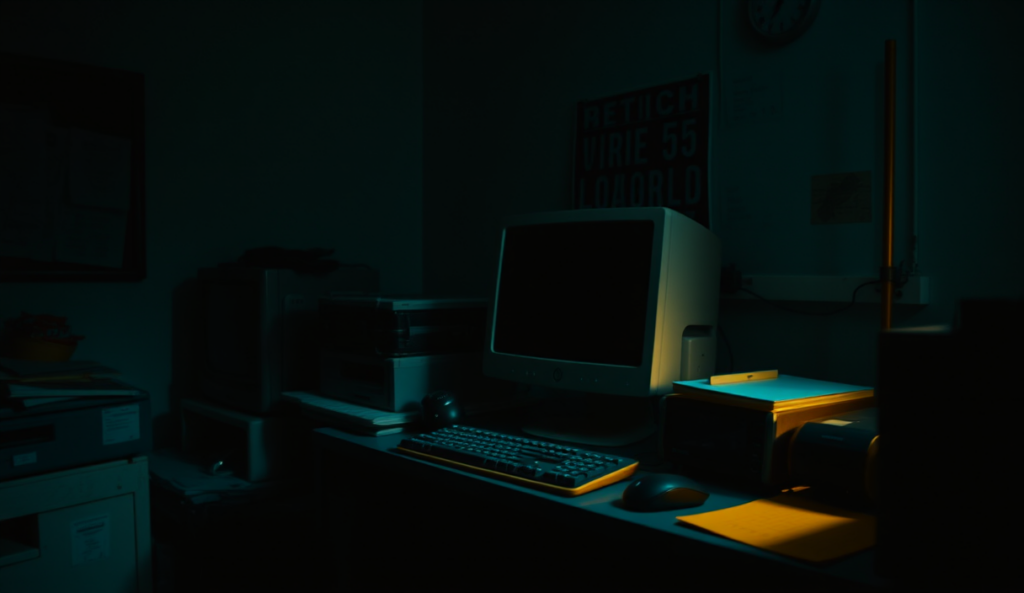 AI-generated illustration: A dimly lit room with a single computer on a cluttered desk, keyboard and mouse resting nearby, screen dark.
