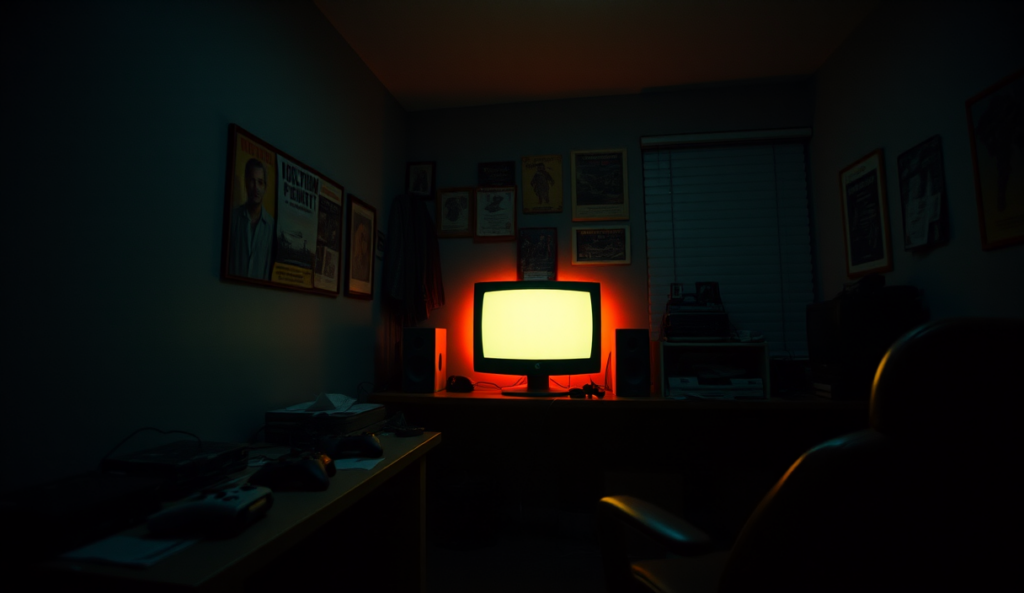 AI-generated illustration: A dimly lit gaming room, empty except for a glowing monitor on a cluttered desk, surrounded by forgotten game controllers.