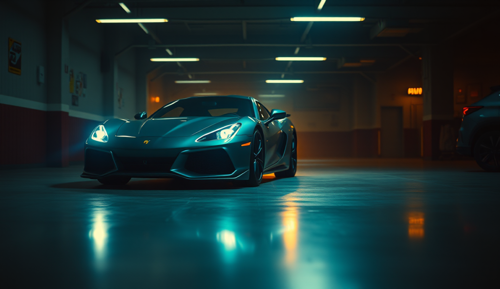 AI-generated illustration: A sleek sports car parked in a dimly lit garage, reflections of headlights on polished surfaces.