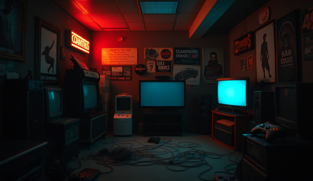 AI-generated illustration: A darkened, cluttered game room with a single monitor screen, wires tangled on the floor, surrounded by empty gaming consoles.