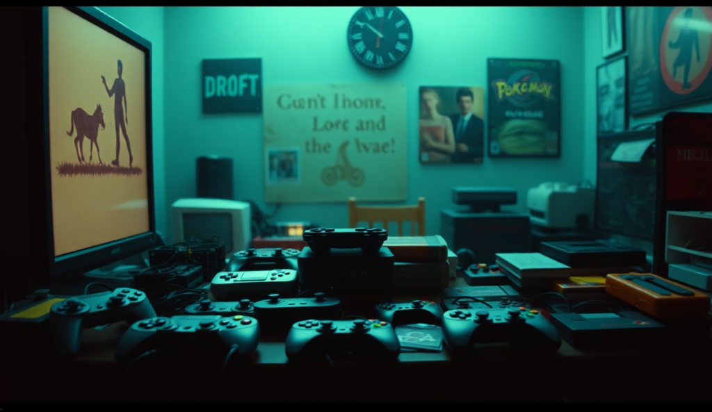 AI-generated illustration: A dimly lit room filled with various game controllers and cartridges on a cluttered desk.
