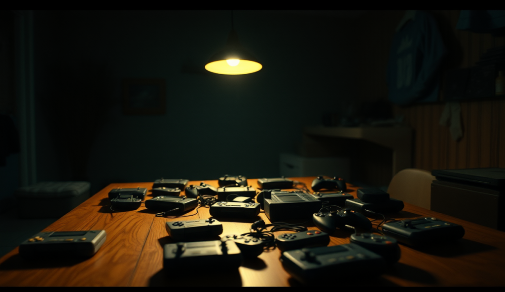 AI-generated illustration: A dimly lit room with a single, flickering lamp casting shadows on an array of game cartridges and controllers scattered across a wooden table.