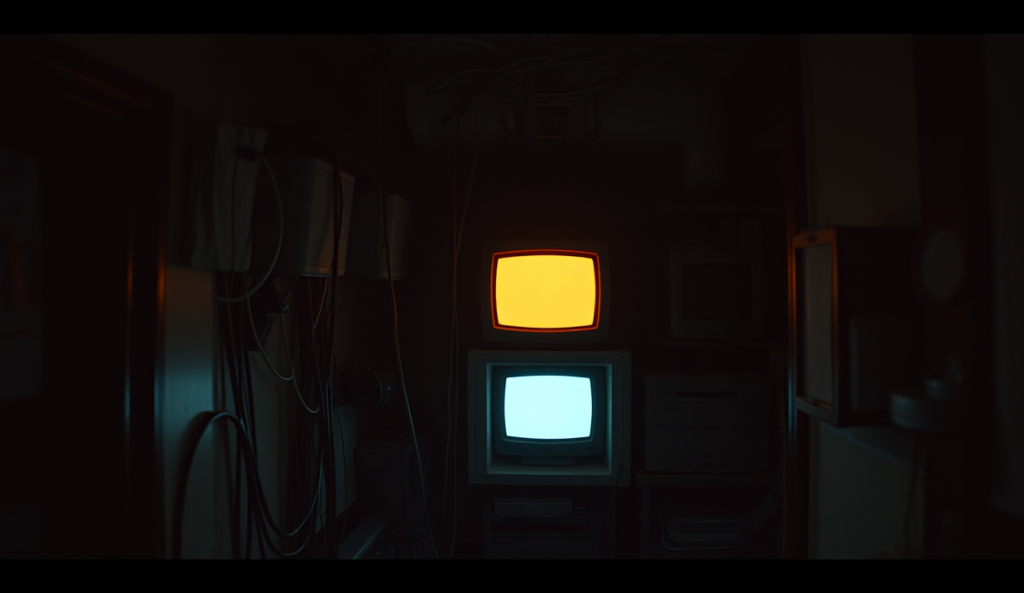 AI-generated illustration: A dark, cluttered room with tangled cables, an old computer case open revealing exposed components, and a monitor glowing faintly.