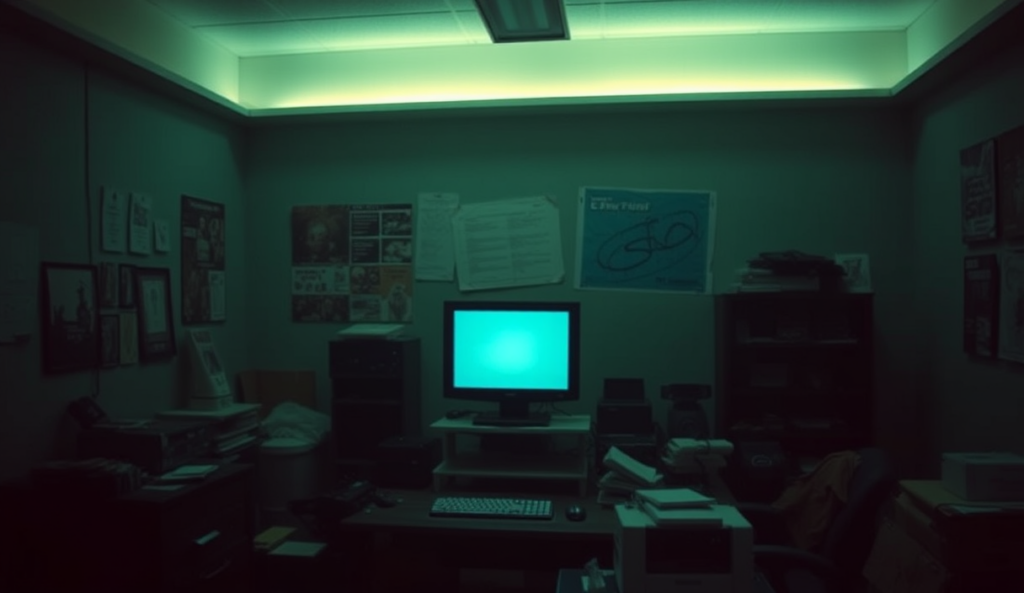 AI-generated illustration: A dimly lit room with a single computer monitor glowing faintly on a cluttered desk.