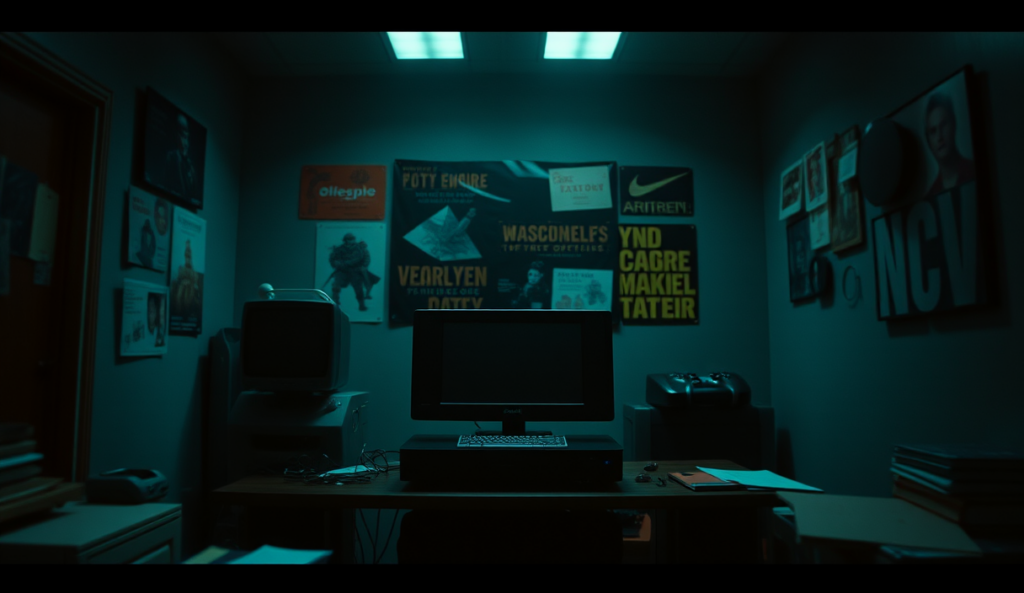 AI-generated illustration: A darkened room with an empty gaming console on a cluttered desk, surrounded by shadows and reflections.