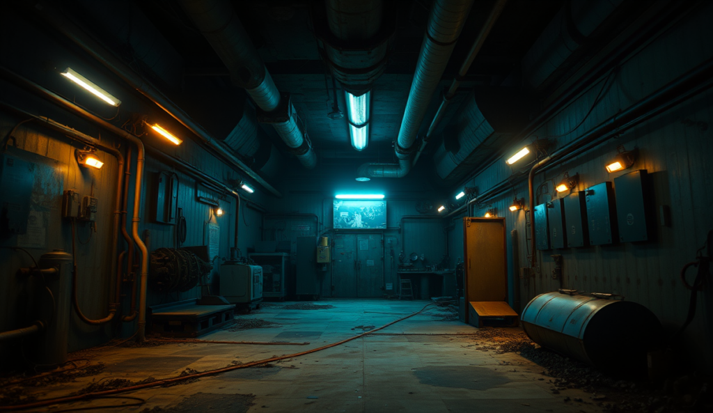 AI-generated illustration: A dimly lit underground bunker with rusted machinery and flickering lights.