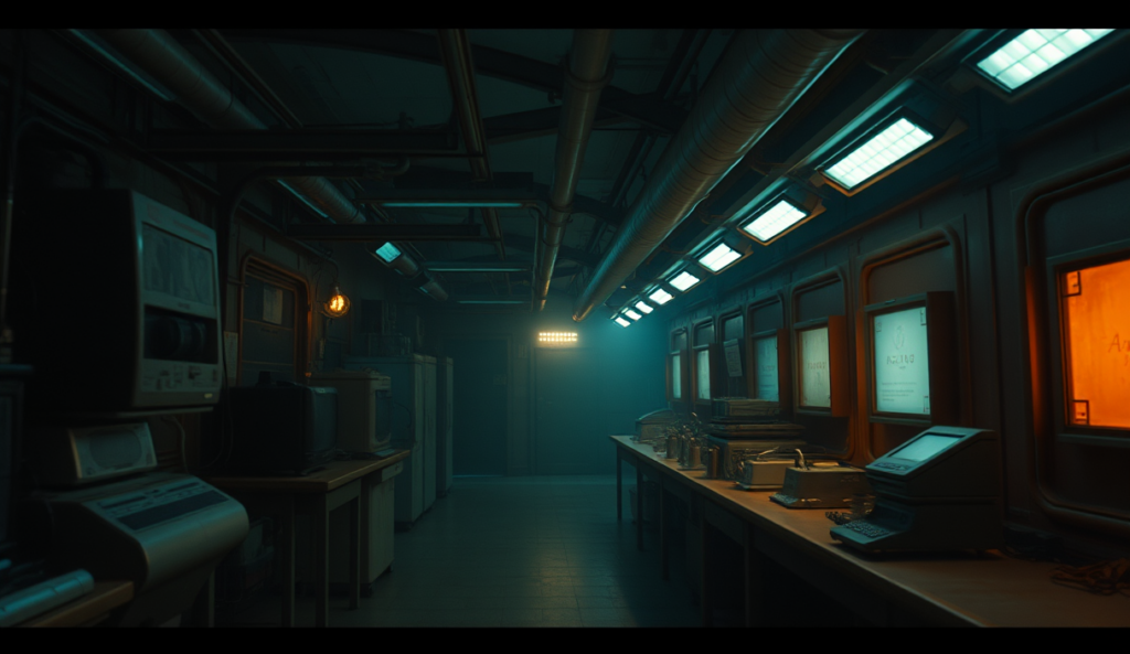 AI-generated illustration: A dimly lit underground lab, rows of flickering lights casting eerie shadows on metallic equipment and alien artifacts.