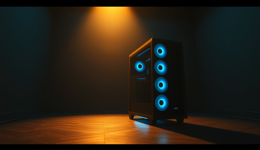 AI-generated illustration: A sleek, modern gaming PC tower standing alone in a dark room, its cooling fans whirring softly, casting shadows on the floor.