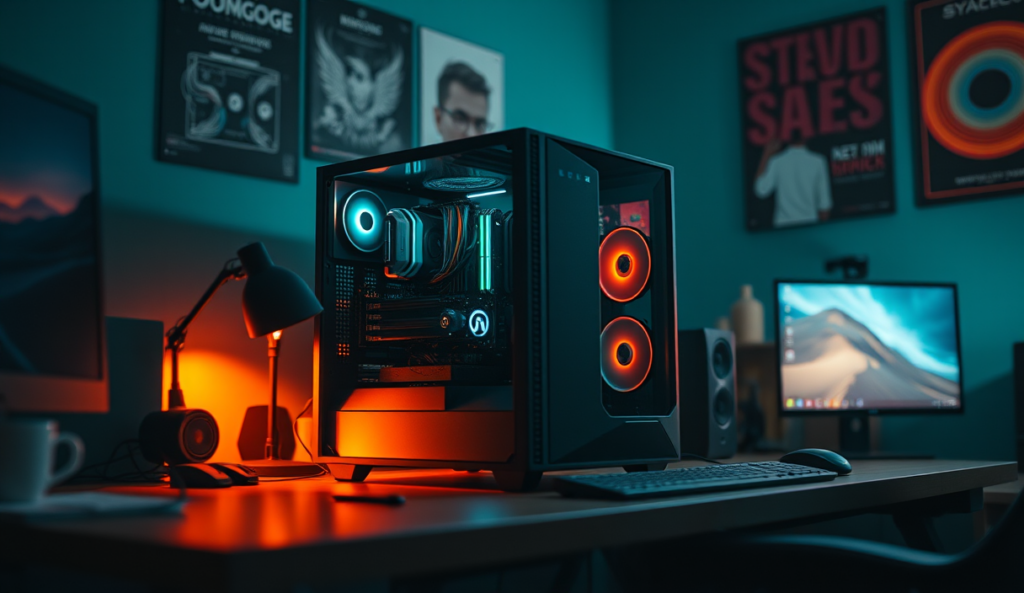 AI-generated illustration: A sleek, modern gaming PC resting on a clutter-free desk, illuminated by soft, warm lighting, showcasing clean hardware components.
