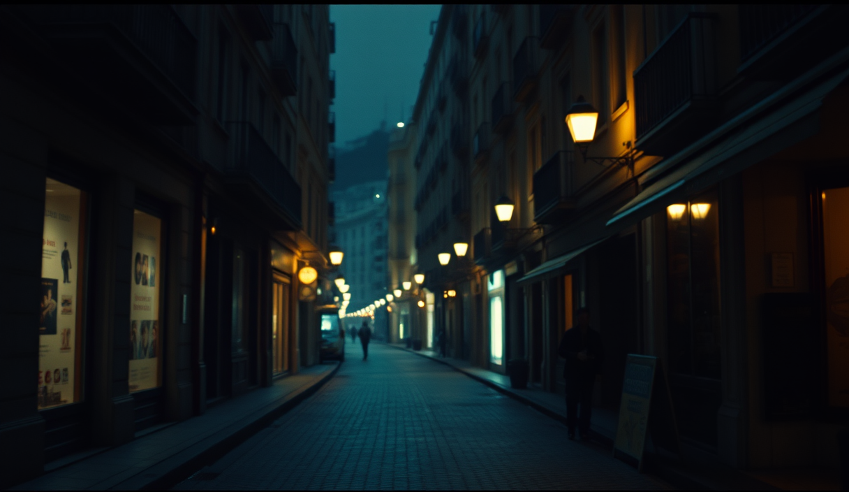 AI-generated illustration: A dimly lit alley in Monaco with shadowy corners and flickering streetlights, empty except for the occasional rustling leaf.