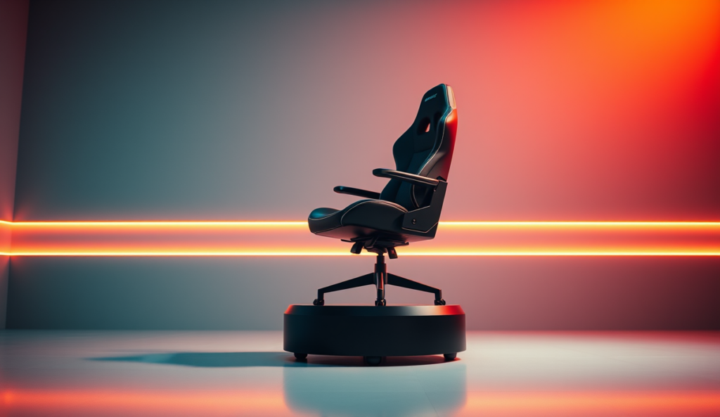 AI-generated illustration: A sleek, black gaming chair pedestal on a minimalist white floor, illuminated by soft ambient lighting.