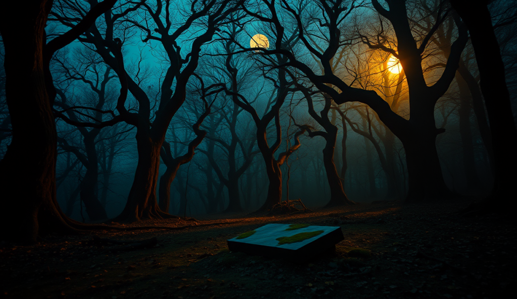 AI-generated illustration: A dark forest clearing with twisted ancient trees, eerie moonlight casting long shadows, a lone stone tablet half-buried in moss.