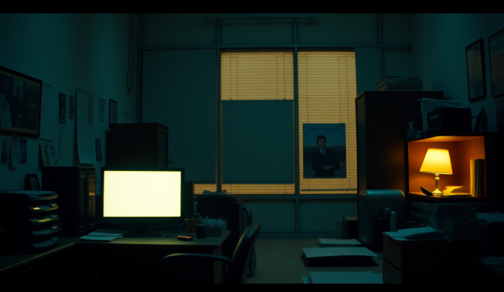 AI-generated illustration: A dimly lit, cluttered office with a single monitor glowing softly on an otherwise empty desk.