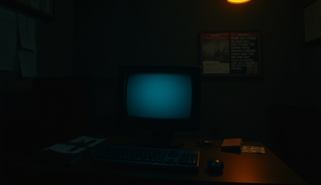 AI-generated illustration: A dimly lit computer terminal with glowing cursor in a dark room.