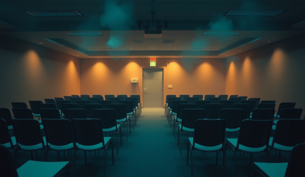 AI-generated illustration: A dimly lit training room, rows of empty chairs facing a closed door with fog machines humming softly.