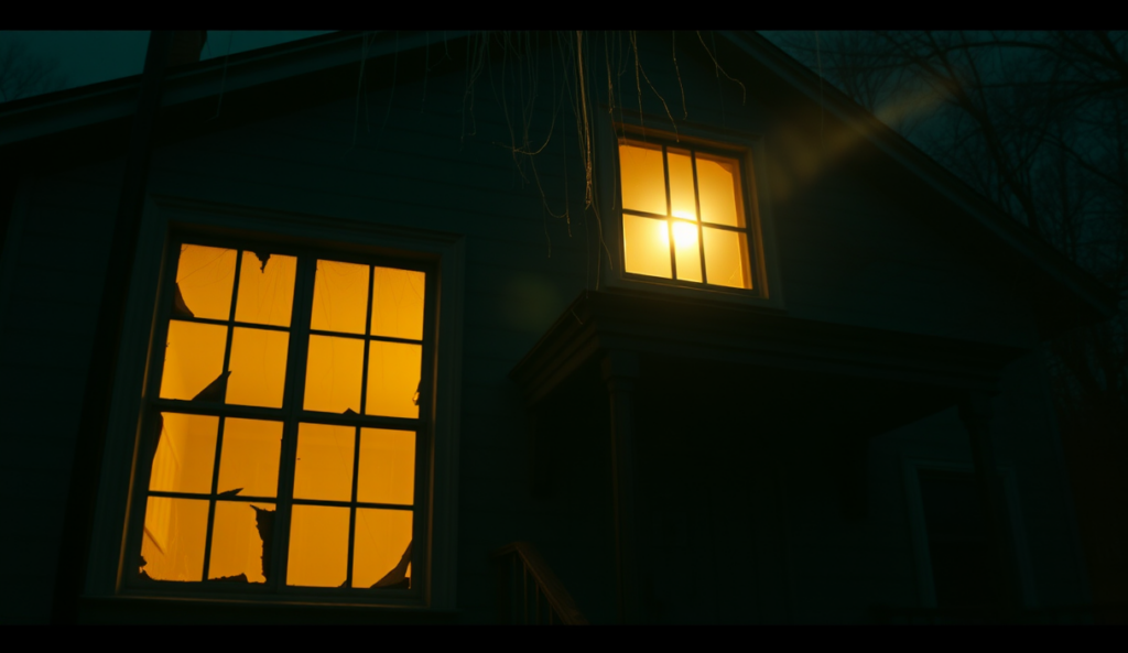AI-generated illustration: A dark, abandoned house with broken windows and cobwebs hanging from the eaves, illuminated by a single eerie flashlight beam.