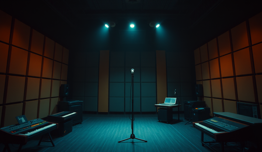 AI-generated illustration: A dimly lit recording studio with a single microphone stand in the center, surrounded by empty acoustic panels and a few vintage synthesizers.