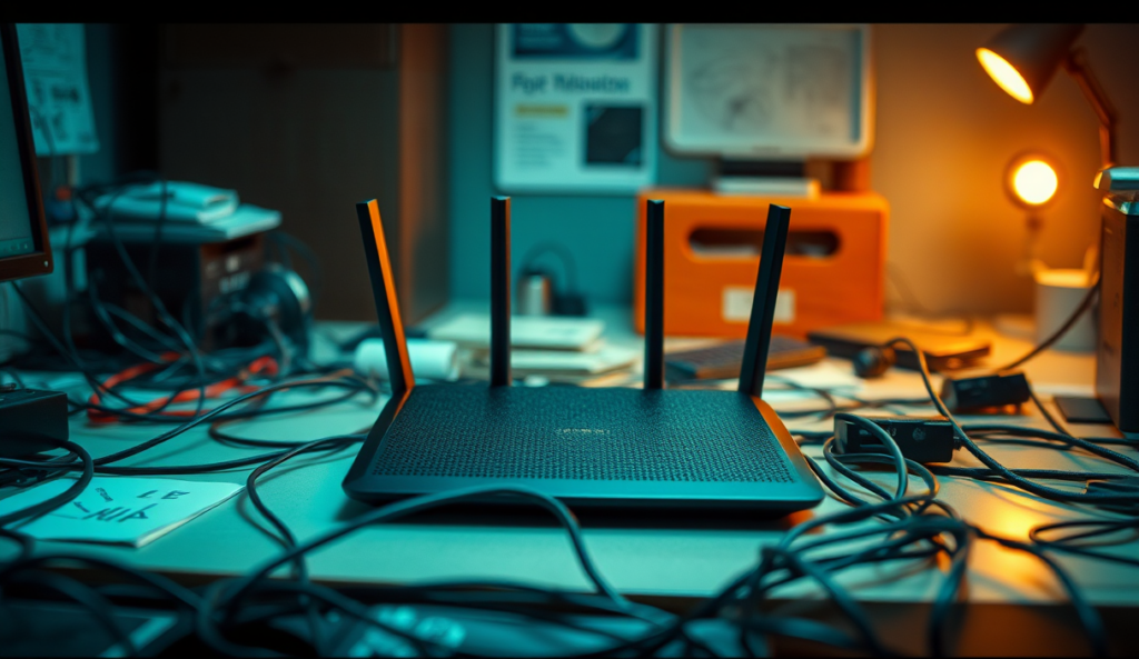 AI-generated illustration: A sleek black router resting on a cluttered desk, surrounded by tangled wires and empty power outlets.