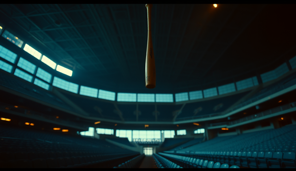 AI-generated illustration: A dimly lit baseball stadium with empty seats and a lone bat hanging from the rafters.