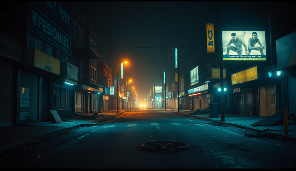 AI-generated illustration: A desolate city street at night, debris-strewn and empty, under the glow of flickering emergency lights.