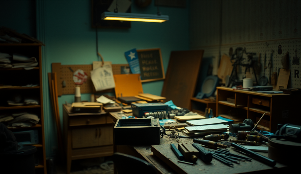 AI-generated illustration: A cluttered desk with scattered tools and parts in the dim light of an unfinished room.