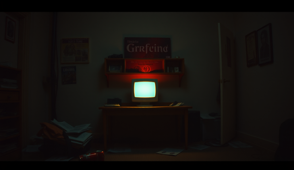 AI-generated illustration: A dimly lit room with a single computer monitor glowing faintly on an old desk, surrounded by scattered gaming manuals and empty soda cans.