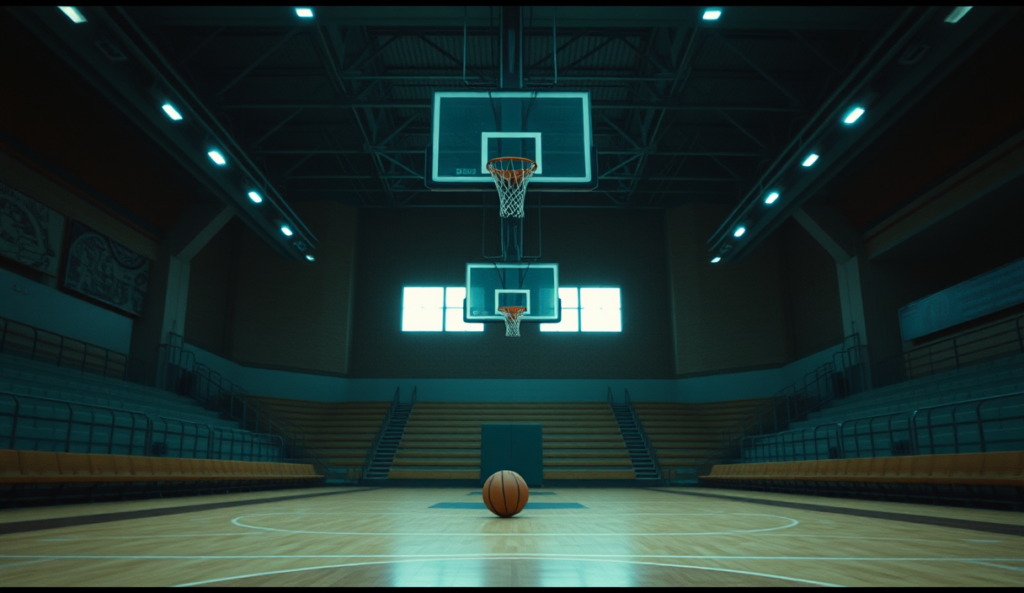AI-generated illustration: A dimly lit gymnasium with basketball hoops hanging from the rafters, empty bleachers in shadow, a lone basketball rolling slowly across the court.
