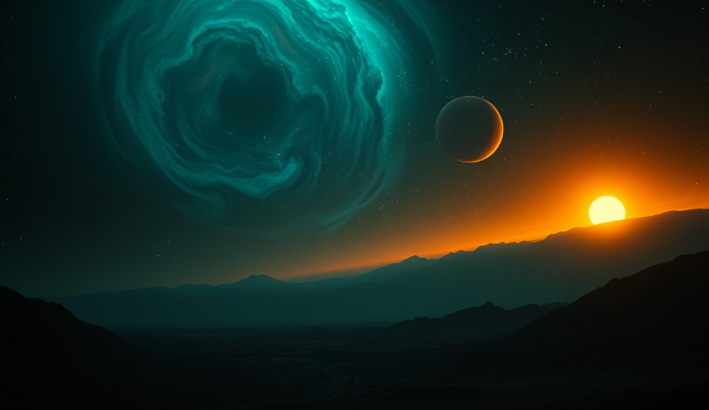 AI-generated illustration: A vast, starry expanse with swirling nebulae and distant planets, bathed in the soft glow of an alien sun setting.