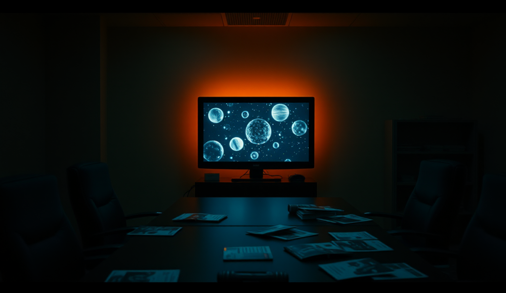 AI-generated illustration: A dimly lit room with an open computer screen showing abstract star systems, surrounded by empty chairs and scattered game manuals on the table.