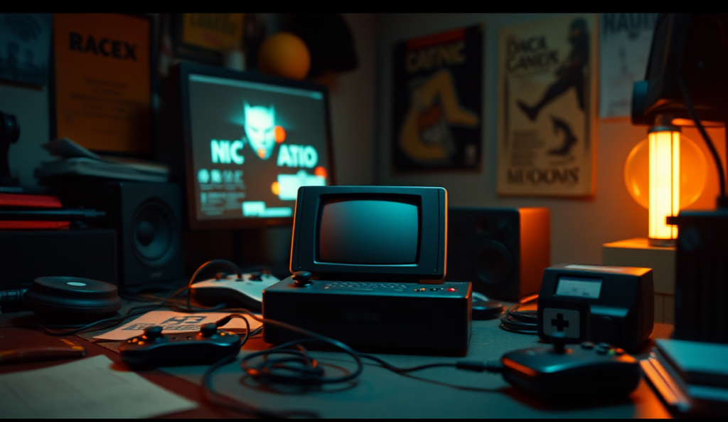 AI-generated illustration: A dimly lit, empty game console on a cluttered desk, surrounded by forgotten gaming paraphernalia.