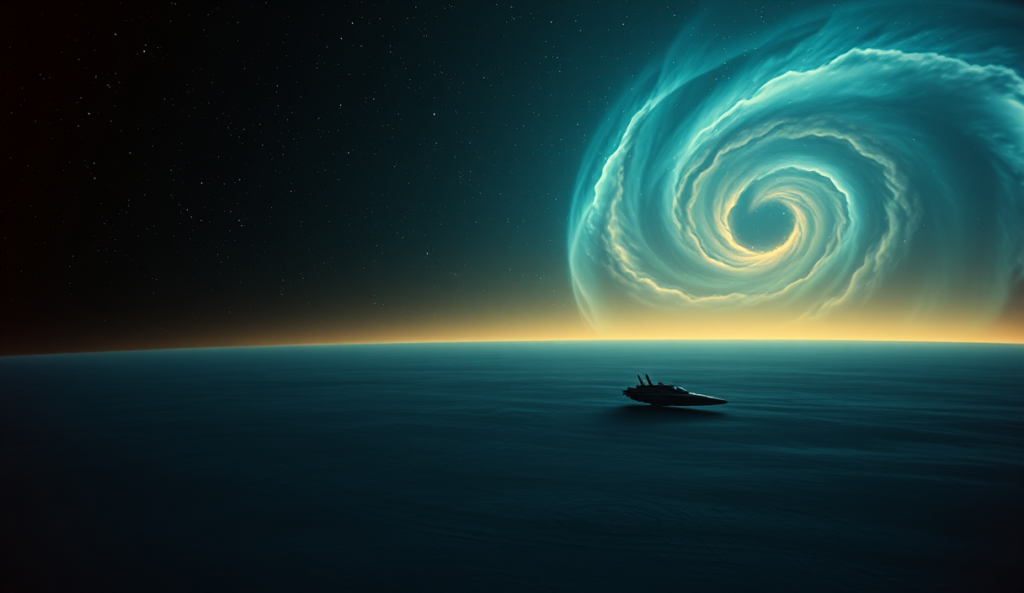 AI-generated illustration: A vast, starry expanse with nebulae swirling in the distance, a single spaceship drifting silently through the cosmos.