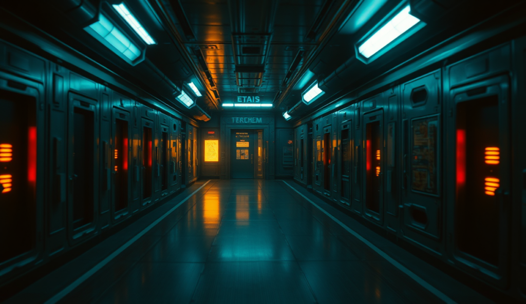 AI-generated illustration: A dark, empty space station corridor at night, flickering lights casting long shadows on metallic surfaces.