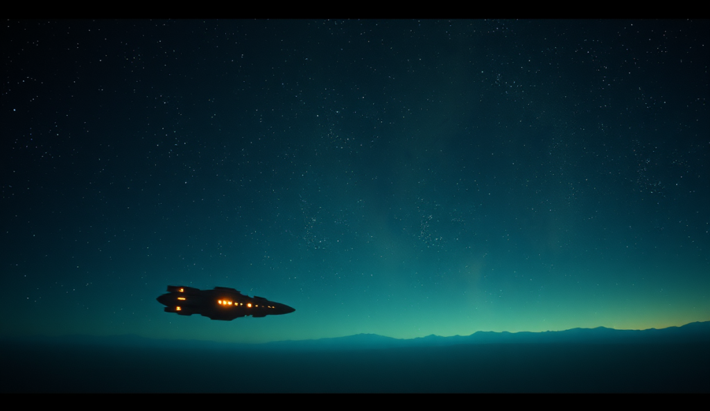 AI-generated illustration: A vast starry expanse with nebulae and distant galaxies in the background, an isolated spaceship floating in the void, its lights blinking softly.