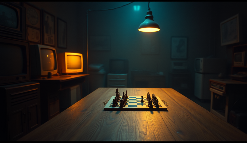 AI-generated illustration: A dimly lit room with vintage computer hardware, a chess board illuminated by soft, amber light, shadows dancing on the wooden table.