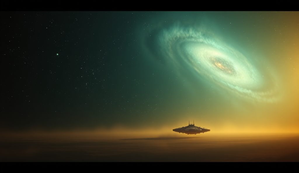 AI-generated illustration: A vast, starry expanse with nebulae and distant galaxies swirling in the void, isolated spaceship drifting through cosmic dust.