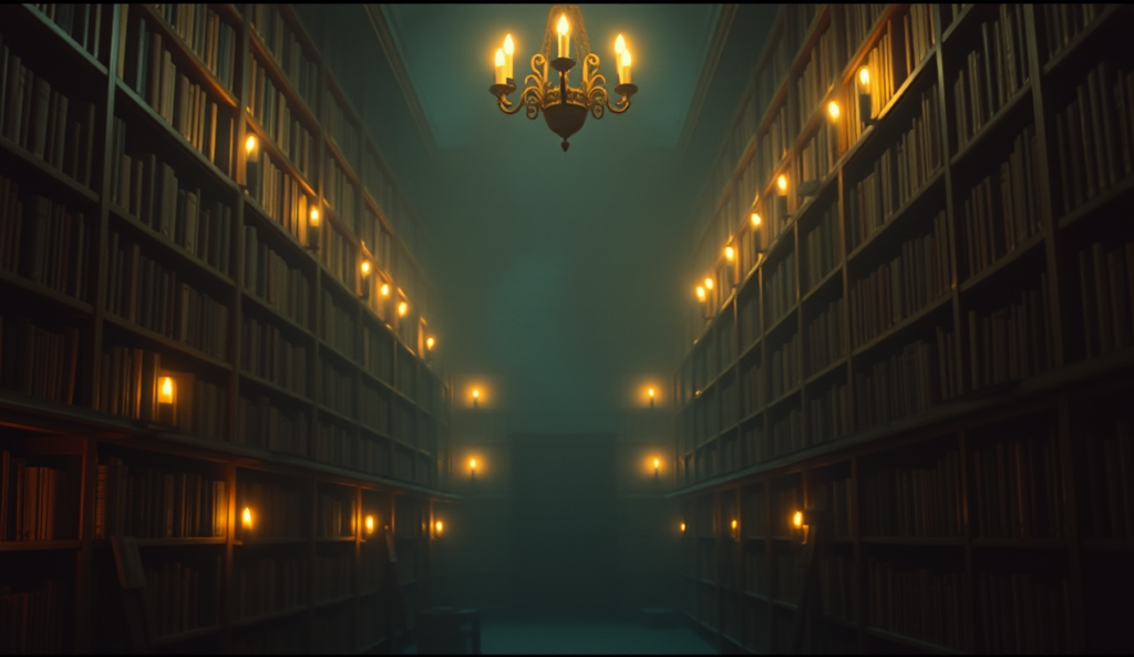 AI-generated illustration: A dimly lit, ancient library with dusty shelves and flickering candlelight casting eerie shadows.