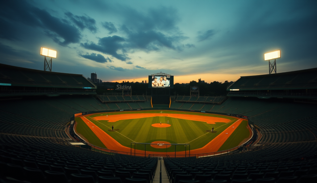 AI-generated illustration: A baseball diamond at dusk, empty seats in the stadium under fading lights.