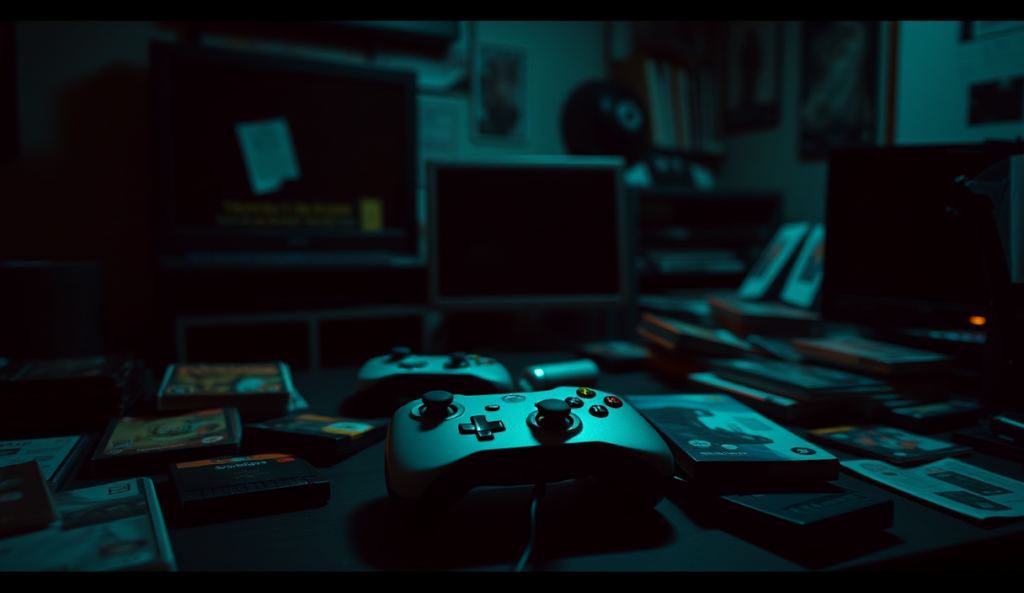 AI-generated illustration: A dark room with a single console controller resting on a cluttered desk, surrounded by empty game cartridges and manuals.
