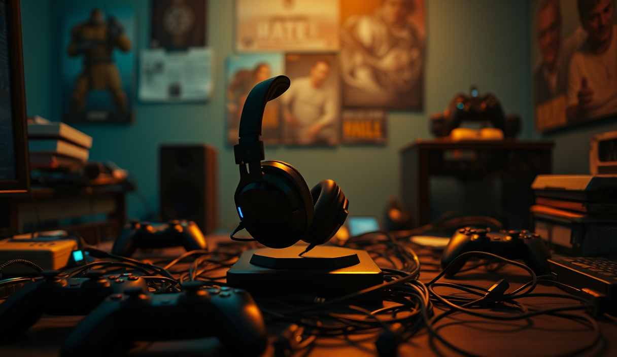 AI-generated illustration: A lone gaming headset sitting atop a cluttered desk, surrounded by empty controllers and cables, under dim, warm lighting.