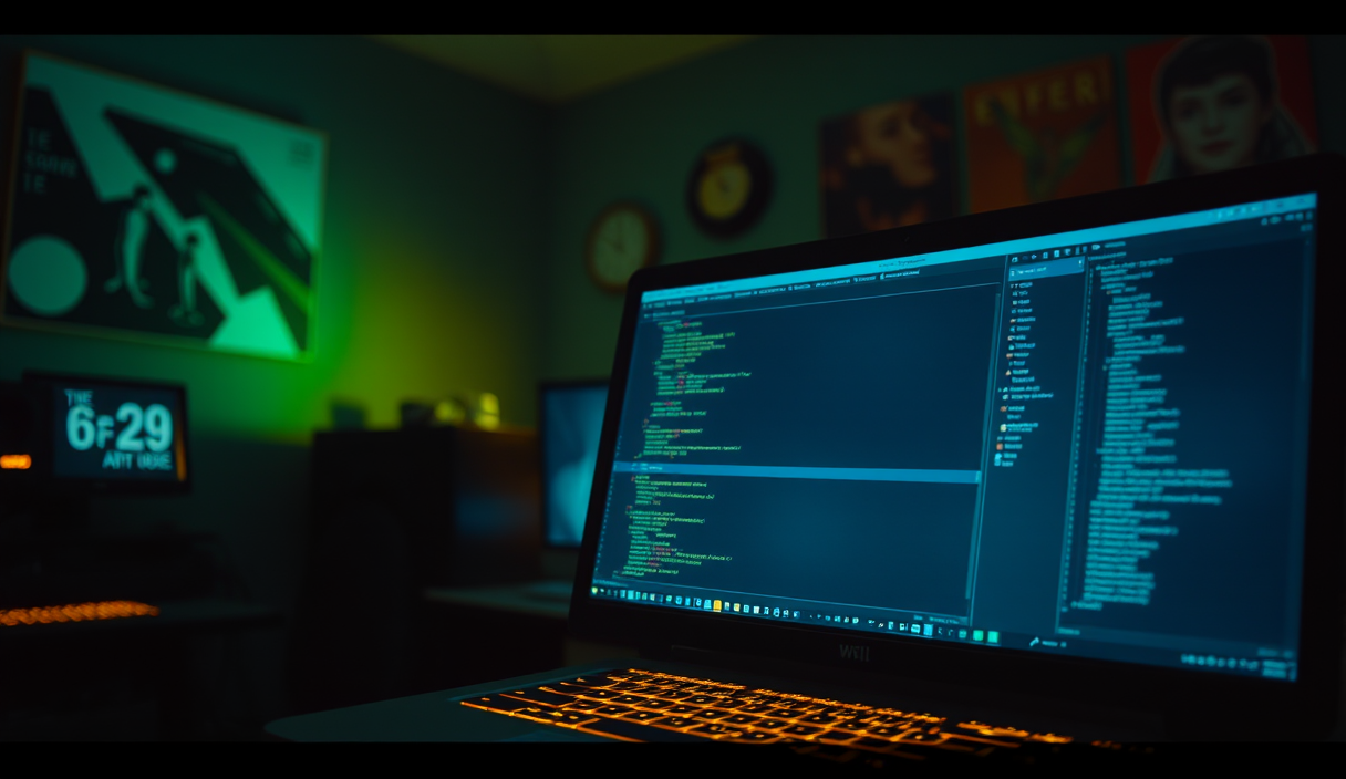 AI-generated illustration: A glowing computer screen with an open software program, keyboard keys illuminated, in a dimly lit room.