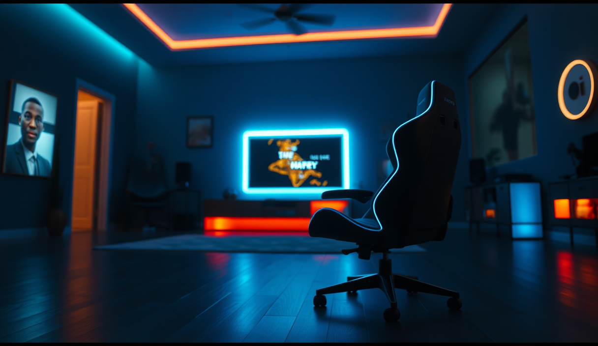 AI-generated illustration: A sleek gaming chair with neon blue lighting on a dark living room floor.