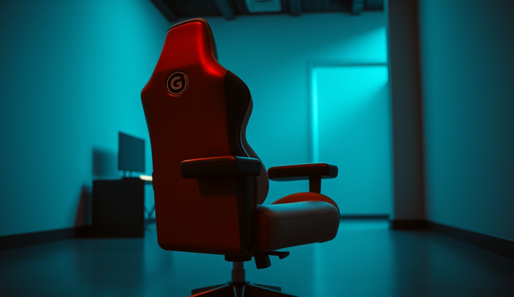 AI-generated illustration: A sleek, modern gaming chair with ergonomic curves, standing empty in a dimly lit room with subtle shadows casting across its plush fabric.