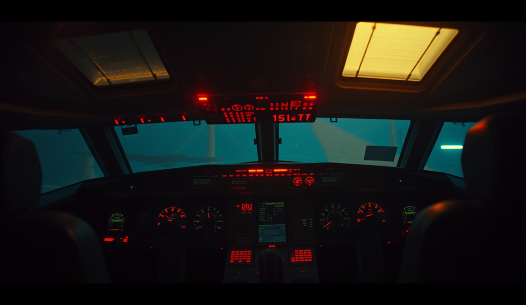 AI-generated illustration: A cockpit interior with dim red lights casting shadows on control panels and instruments.